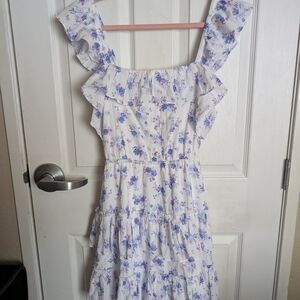 LoveShackFancy White and Purple Floral Midi Dress